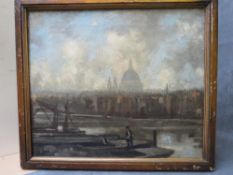 AN IMPRESSIONIST THAMES RIVER SCENE, with figures and Thames barges, St. Pauls beyond, unsigned,