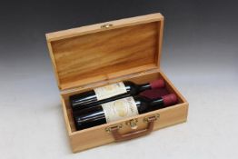 A PRESENTATION WOODEN CASE OF 2 BOTTLES OF MATAYAC CAHORS 2003, with wax seal