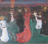 A 20TH CENTURY IMPRESSIONIST STUDY OF FIGURES AT A WEDDING PARTY, landscape beyond, unsigned, oil on