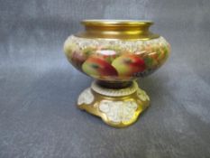 A ROYAL WORCESTER PAINTED FRUIT PEDESTAL URN SIGNED H AYRTON, gilded decoration throughout, puce