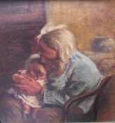 A LATE 19TH / EARLY 20TH CENTURY INTERIOR SCENE, with seated figure holding a child, unsigned, oil