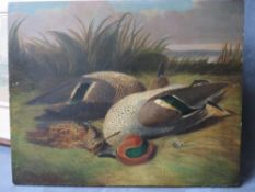 A. MOLD. A study of wildfowl and teal on a bank, signed, inscribed and dated 1885 verso, oil on