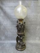 A 19TH CENTURY BRONZE OIL LAMP AND GLOBE, the oil lamp decorated with various mythological