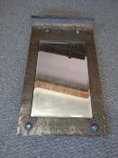A 19TH CENTURY ART NOUVEAU PEWTER FRAMED MIRROR, with turquoise cabochons, frame 68 x 40 cm,