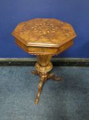A VICTORIAN WALNUT TRUMPET SHAPED WORK TABLE, the hinged octagonal lid with satinwood inlaid detail,