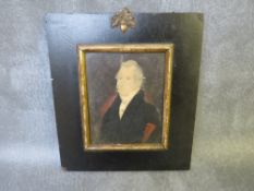 A 19TH CENTURY PORTRAIT MINIATURE OF A GENTLEMAN WEARING A BLACK COAT AND WHITE CRAVAT, unsigned,