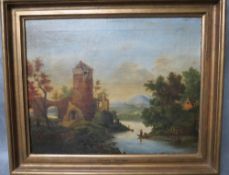 AFTER CLAUDE LORRAIN, 19th century mountainous river landscape with figures, boat, cottage and