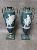 A PAIR OF MINTONS TWIN HANDLED PATE-SUR PATE PORCELAIN VASES, circa 1992, both titled 'Nymph