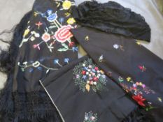 A VINTAGE EMBROIDERED PIANO SHAWL WITH EXTENSIVE FLORAL EMBELLISHMENT, together with a later