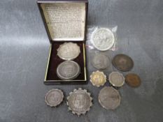 A QUANTITY OF VICTORIA AND LATER COIN JEWELLERY, along with crown 1890 and half crowns 1887 x 2