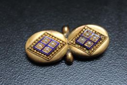 AN UNMARKED YELLOW METAL ENAMEL AND SEED PEARL BROOCH, with later repair, approx weight 6.6g, W 4.