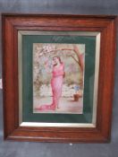 A RECTANGULAR PORCELAIN PANEL DEPICTING A YOUNG MAIDEN IN A PINK DRESS, signed 'C.H. Wright' lower