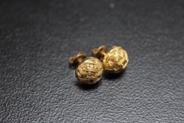 A PAIR OF SMALL HEAVY 'LATTICE' DOME EARRINGS. unmarked main body, butterfly's only stamped 18ct,