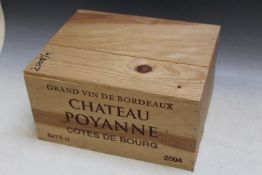 AN UNOPENED WOODEN CASE OF 6 BOTTLES OF CHATEAU POYANNE COTES DE BOURG GRAND VIN DE BORDEAUX