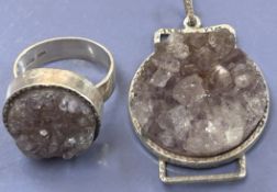 Silberring-800- mit passenden Anhänger, Natur-Amethyste, zus. 25 gr., RG 55, 3,5x2,5 cm