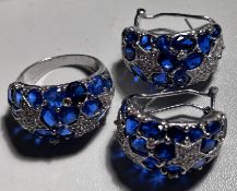 Silberring-925- "Ricarda M" mit Passenden Ohrsteckern, blaue Steine, RG 60, H-Ohrstecker 2,5 cm, zu