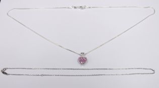 2x 925er Silber-Ketten, 1x mit Anhänger dieser mit rosa und klarem Stein, L-44 u. 55cm, Anh. L-1,8c