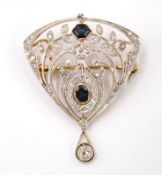 sehr schöne antike Brosche mit Saphiren und Diamanten, 585er GG/WG, 6,95gr., 3,5 x 3cm anbei Zertif