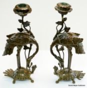 Pärchen japanische Bronzeleuchter als Reiher ca. 1880
