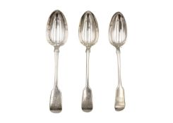 A pair of Victorian Exeter silver fiddle pattern table spoons by John Stone.