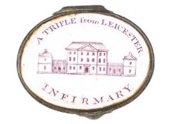 A Georgian Bilston enamel patch box 'A TRIFLE from LEICESTER INFIRMARY'.