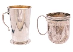 An Edwardian silver christening mug and a silver plated telescopic cup within leather case.
