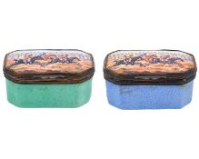Two Georgian Staffordshire enamel snuff boxes with horse racing decoration.