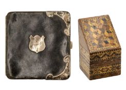 A silver mounted leather wallet and a Tunbridge Ware parquetry small box