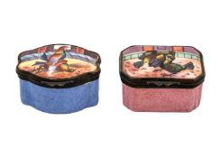 Two 18th-century Bilston enamel cock fighting snuff boxes.