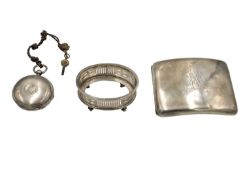 A George V silver cigarette case, a salt, and a silver cased full hunter pocket watch.