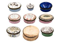 A selection of nine Georgian Staffordshire enamel boxes.