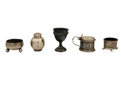 A selection of four hallmarked silver cruets and an egg cup.