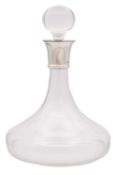 A modern silver-mounted glass ship decanter and stopper.