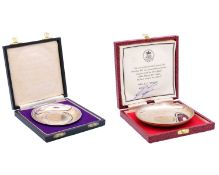 Two cased crown coin inset Royal Commemorative silver dishes.
