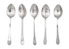 A set of five silver teaspoons by Gwen Whicker.