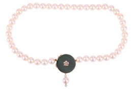 A cultured pearl necklace with jade and diamond clasp, comprising a string of white cultured pearls 