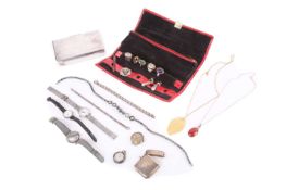 A small collection of jewellery, watches, and an electroplated Harrods sandwich box including two wh