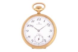 A gold-filled open-face Incabloc pocket watch, by Bucherer. Watch face approx. 44mm. Total weight 83