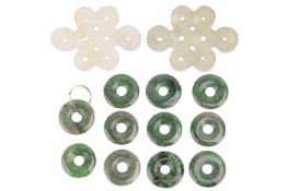 Two carved serpentine endless knot plaques 6.0 x 4.5 cm, together with eleven dyed jadeite bi-shaped