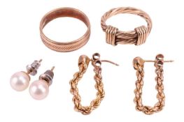 Two band rings in 9ct yellow gold, together with a pair of twisted rope hoop earrings and a pair of 
