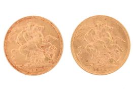 Two full sovereigns; Edward VII, 1908, St George and the Dragon Reverse, and George V, 1912, St Geor