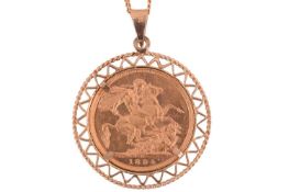 A full 1894 Victorian sovereign unsoldered in pendant mount and chain, the pendant mount marked '9kt