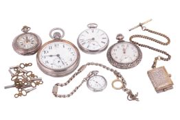A collection of six pocket watches including a large open-face pocket watch is unsigned with damage 