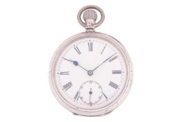 An open-face pocket watch, by Omega. Silver hallmarks for London to the inside of the case. Serial 4