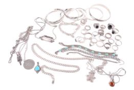 Assorted white metal jewellery; including examples of rings, bracelets, chain necklaces and closed b