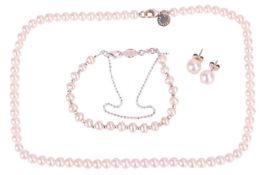 A Tiffany & Co cultured pearl necklace and stud earrings, stamped '925' with Tiffany & Co ma