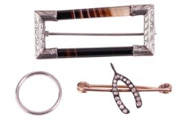 A collection of three items of jewellery; comprising a diamond wishbone brooch set with rose cut dia