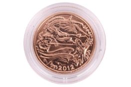 A 2012 Elizabeth II full gold sovereign celebrating the Diamond Jubilee and features a modern interp