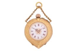 A small, heart-shaped open-face pocket watch with a decorative dial and repoussé case. Fitted with a