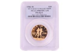 A United States of America 1984 $10 Olympic gold coin cased and uncirculated. US Vault Collection PC